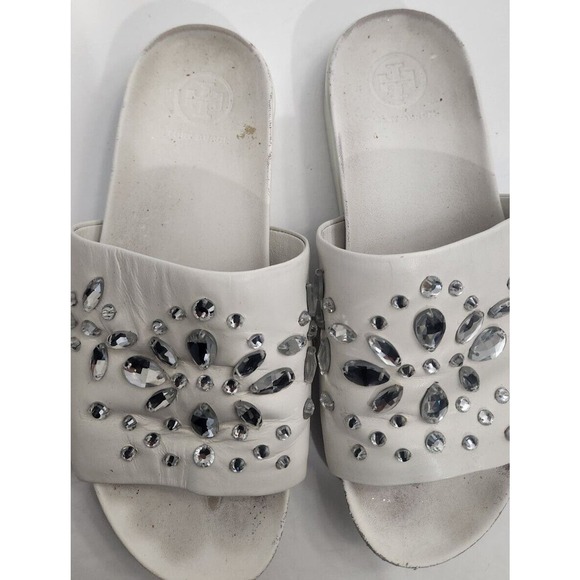 Tory Burch Womens Brae Rhinestones Crystals Embellished Leather Slides White 6.5 - Picture 8 of 8